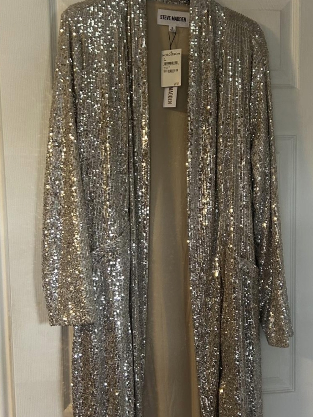 Steve Madden Silver Sequin Long Open Cardigan